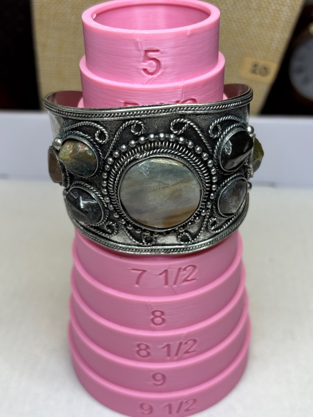 Wide Silver Cuff Bracelet with Polished Stone Cabochons - Picture 6 of 9